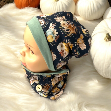 Mütze und Loop Set Kinder Waldtiere Kürbisse Mütze Jersey Schal