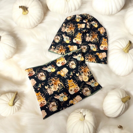 Mütze und Loop Set Kinder Waldtiere Kürbisse Mütze Jersey Schal