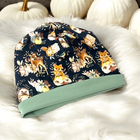 Mütze und Loop Set Kinder Waldtiere Kürbisse Mütze Jersey Schal