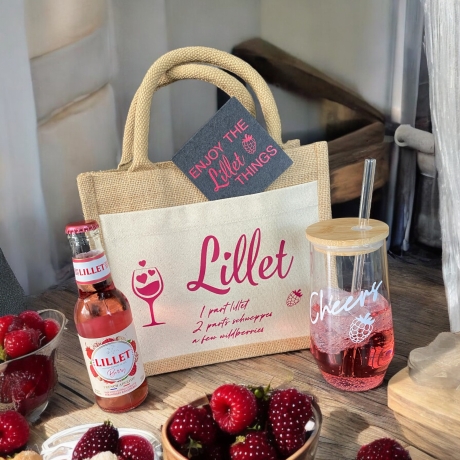 Geschenkset Lillet Jutetasche Glas mit Strohalm Untersetzer Filz
