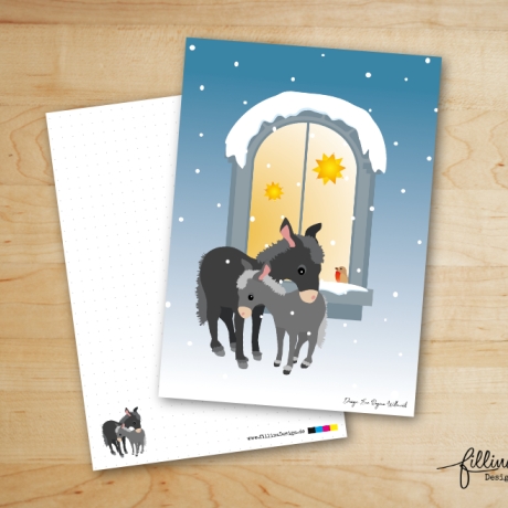 weihnachtliche Grußkarte: Winterfenster mit Eseln