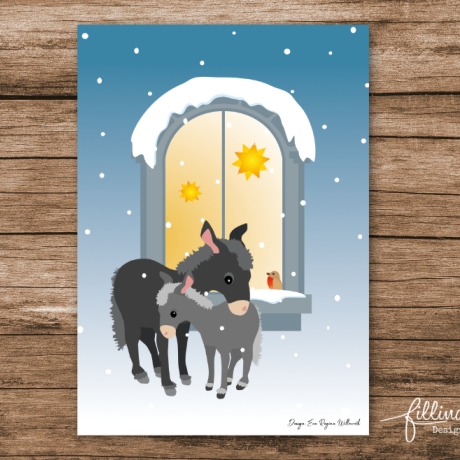 5 weihnachtliche Grußkarten im 4+1-Set: Winterfernster mit Eseln
