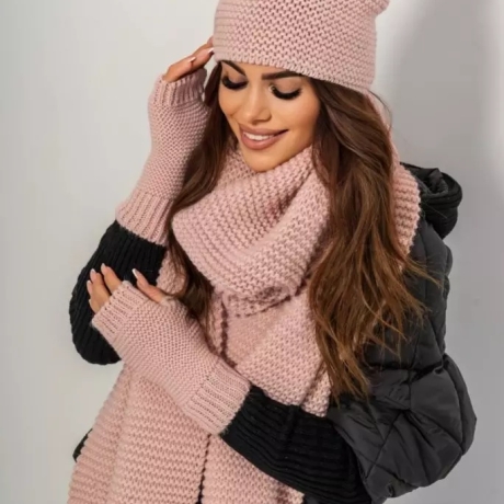 3-teilig: Strickschal & Handschuhe & Strickmütze mit Bommel