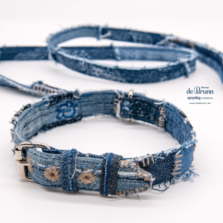 UPCYCLING Jeans Hundehalsband + Hundeleine Gr. S