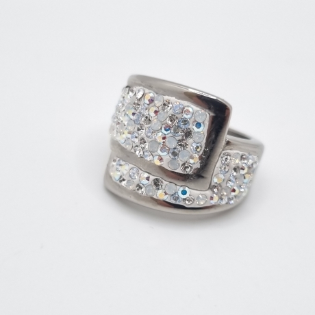 Breiter Edelstahl Ring Kristalle Crystal AB White Opal  (SCR53)