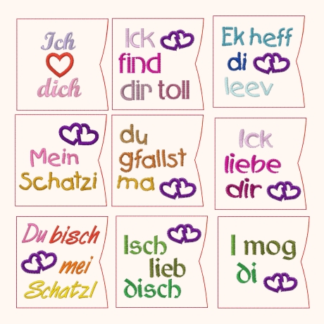Liebe in Dialekt ITH Mini Schokohülle 10x witzige Stickdatei
