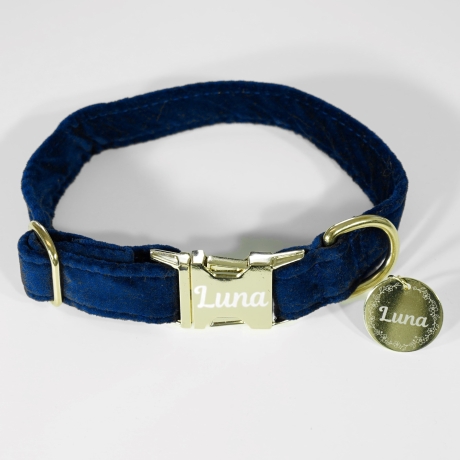 Hundehalsband mit Hundemarke personalisierbar- Baumwollsamt Blau