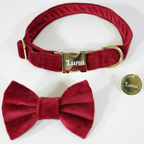 Hundehalsband, -marke, Fliege, Leine personalisiert Samt Rot
