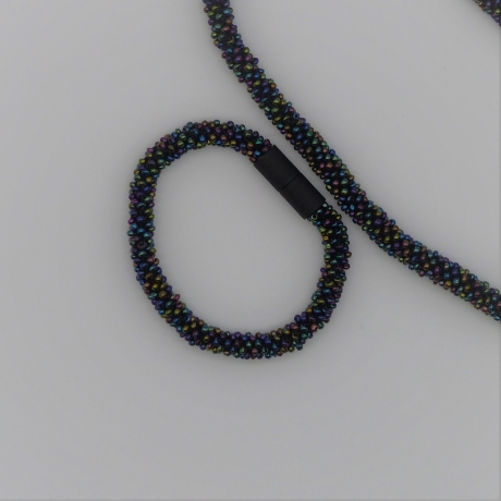 Schmuckset dunkel bunt irisierend, Halskette + Armband, Glas