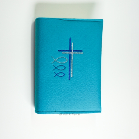 Gotteslobhülle, türkis mit 2 Kreuzen und Fische