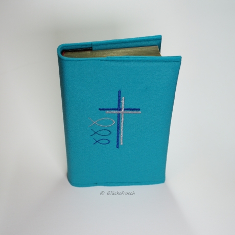 Gotteslobhülle, türkis mit 2 Kreuzen und Fische