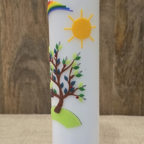 Taufkerze 30x6 - Regenbogen - Sonne -Baum -