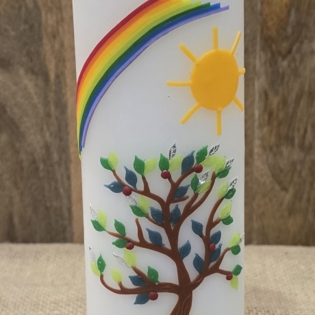 Taufkerze - Oval - 24x6,5x4,5 - Regenbogen - Sonne - Baum