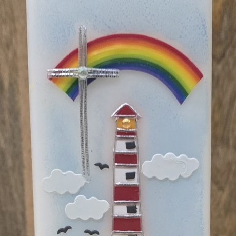Patenkerze 15x6 - Regenbogen - Leuchtturm -