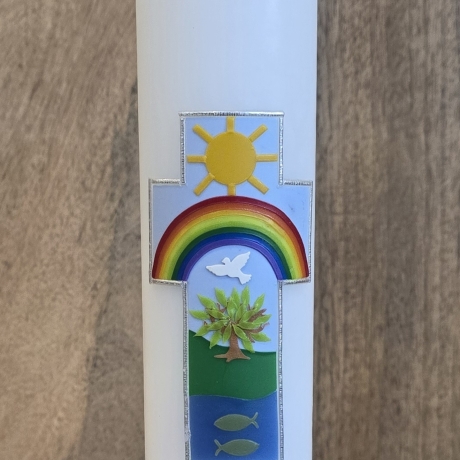 Taufkerze 30x6 - Sonne/Regenbogen/Taube