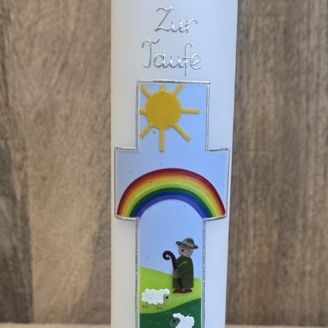 Taufkerze 30x6 - Regenbogen/Hirte