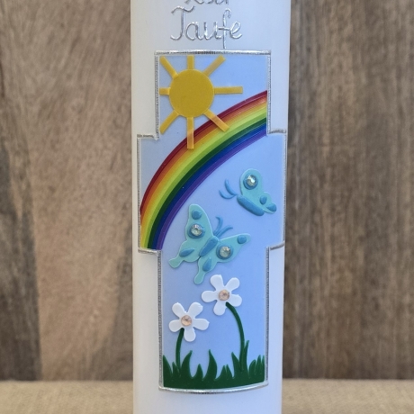 Taufkerze 30x6 - Regenbogen/Sonne/Blumen