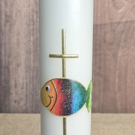 Taufkerze 25x6 - Fisch - glitzernd mit Goldener Schrift 