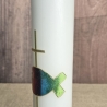 Taufkerze 25x6 - Fisch - glitzernd mit Goldener Schrift 