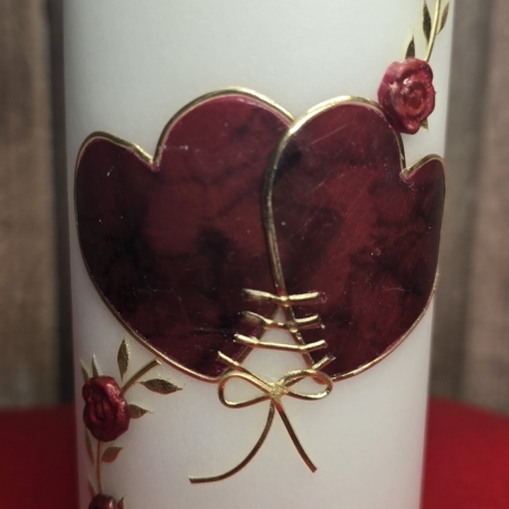 Hochzeitkerze 20x7 - Herzen und Rosen - Rot marmoriert mit Gold