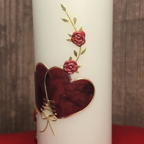 Hochzeitkerze 20x7 - Herzen und Rosen - Rot marmoriert mit Gold