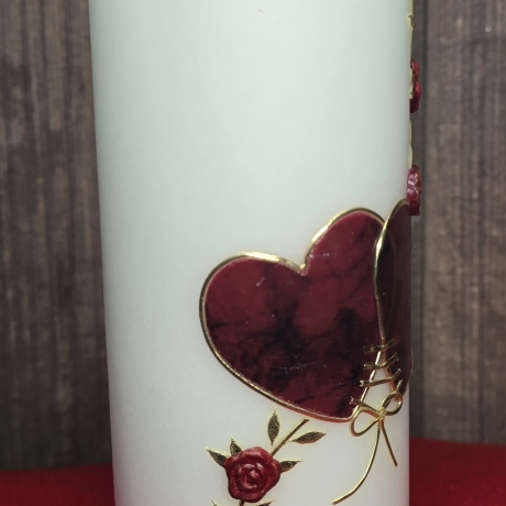 Hochzeitkerze 20x7 - Herzen und Rosen - Rot marmoriert mit Gold