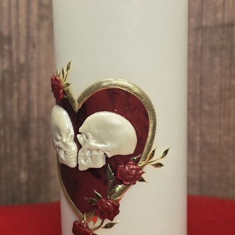 Hochzeitskerze 20x7 - Herz und Totenkopf - Rot marmoriert Gold