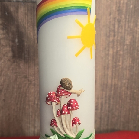 Taufkerze 25x6 - Sonne, Schnecke, Pilze - Diverse Schriftfarben