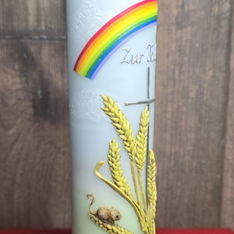Taufkerze - Getreideähren, Kreuz, Regenbogen - Handverziert 25x6