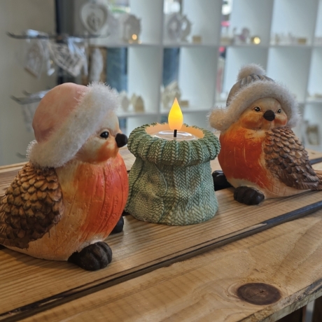 Winter Rotkehlchen mit Teelichthalter - 3er Set -
