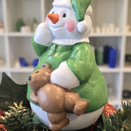 Keramik Schneemann mit Teddy - Weihnachtsdekoration -