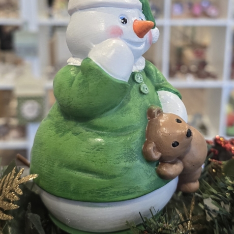 Keramik Schneemann mit Teddy - Weihnachtsdekoration -