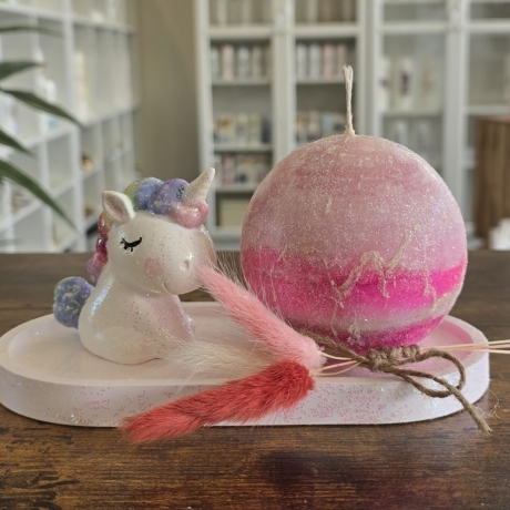 4-Teiliges Set - Bunt und glitzernd - Kerze Regenbogen Einhorn