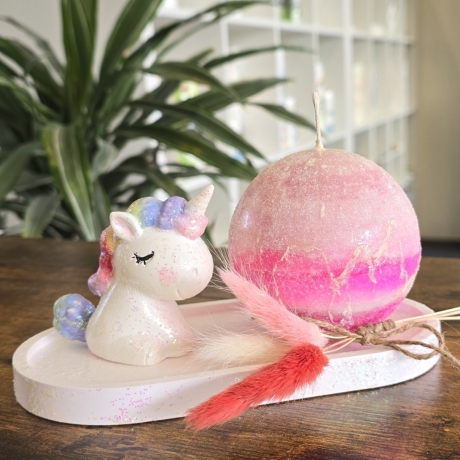 4-Teiliges Set - Bunt und glitzernd - Kerze Regenbogen Einhorn