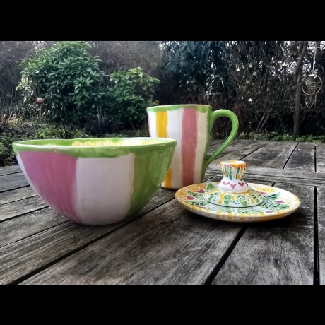 4er Set Schale Tasse Untertasse Kerzenständer Sorglosigkeit 
