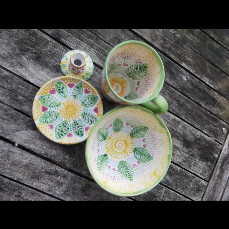 4er Set Schale Tasse Untertasse Kerzenständer Sorglosigkeit 