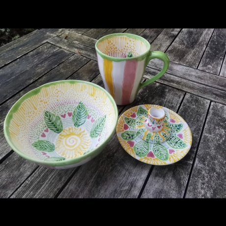 4er Set Schale Tasse Untertasse Kerzenständer Sorglosigkeit 