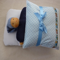 Steckkissen, Schlafsack. Puppen-Bettwäsche mit Schafwolle gefüllt