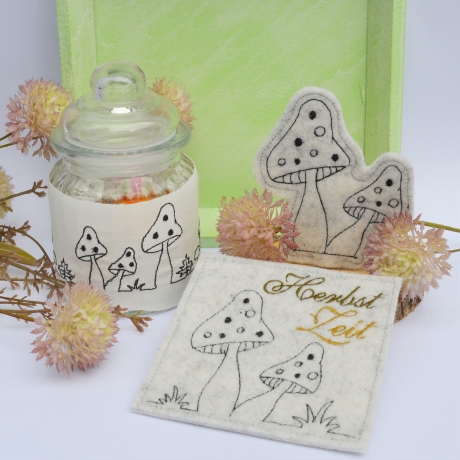 Stickdatei Pilze Herbst Redwork SET 9erlei mit ITH Untersetzer