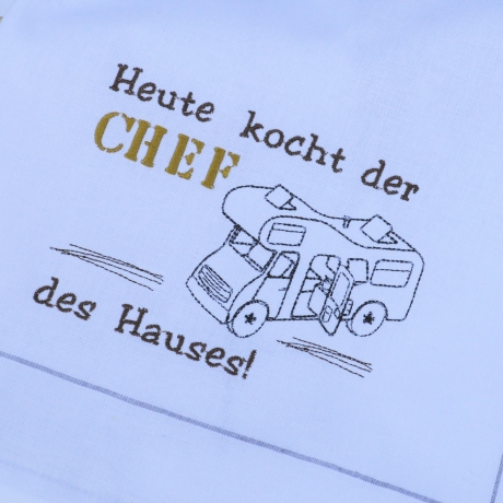 Stickdatei Camping für Geschirrtuch Schürze CHEF mit Wohnmobil