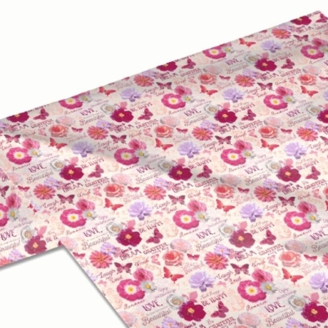 50cm Dekostoff 100% Baumwolle Rosen Blumen Schmetterlinge Schrift