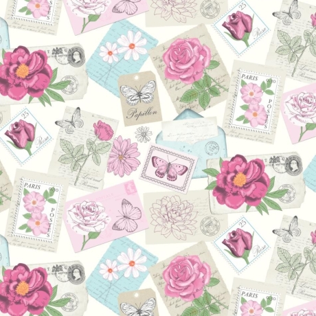 50cm Dekostoff 100% Baumwolle Rosen und Postkarten Briefmarken