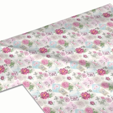 50cm Dekostoff 100% Baumwolle Rosen und Postkarten Briefmarken