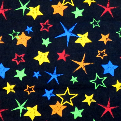 50cm Dekostoff 100% Baumwolle schwarz mit bunten Sternen Stars