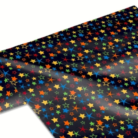 50cm Dekostoff 100% Baumwolle schwarz mit bunten Sternen Stars