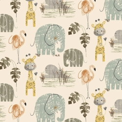 50cm Dekostoff 100% Baumwolle beige mit Zootieren Elefant Giraffe