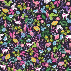 50cm Dekostoff 100% Baumwolle Schwarz Bunt Blumen Vögel Wald Reh