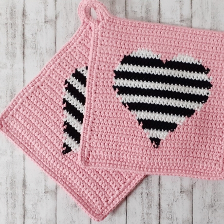 Topflappen Streifen-Herz pinkrosa/weiß/schwarz