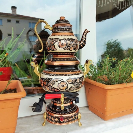 Handbemalter türkischer elektrischer Samovar, neu, rund