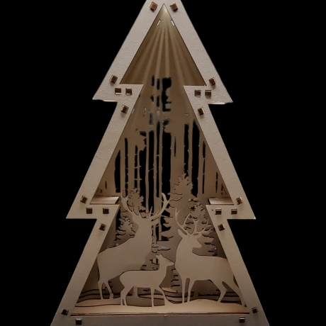 Tanne, Tannenbaum, Waldszene mit Hirsch, 3D aus Holz
